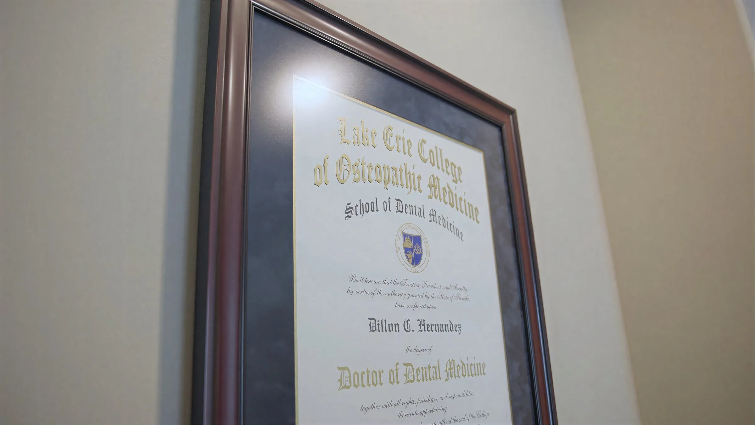 Dr. Dillon Hernandez's Doctor of Dental Medicine diploma displayed at Cardinal Point Dental — teeth cleanings and exams in Jacksonville, FL
